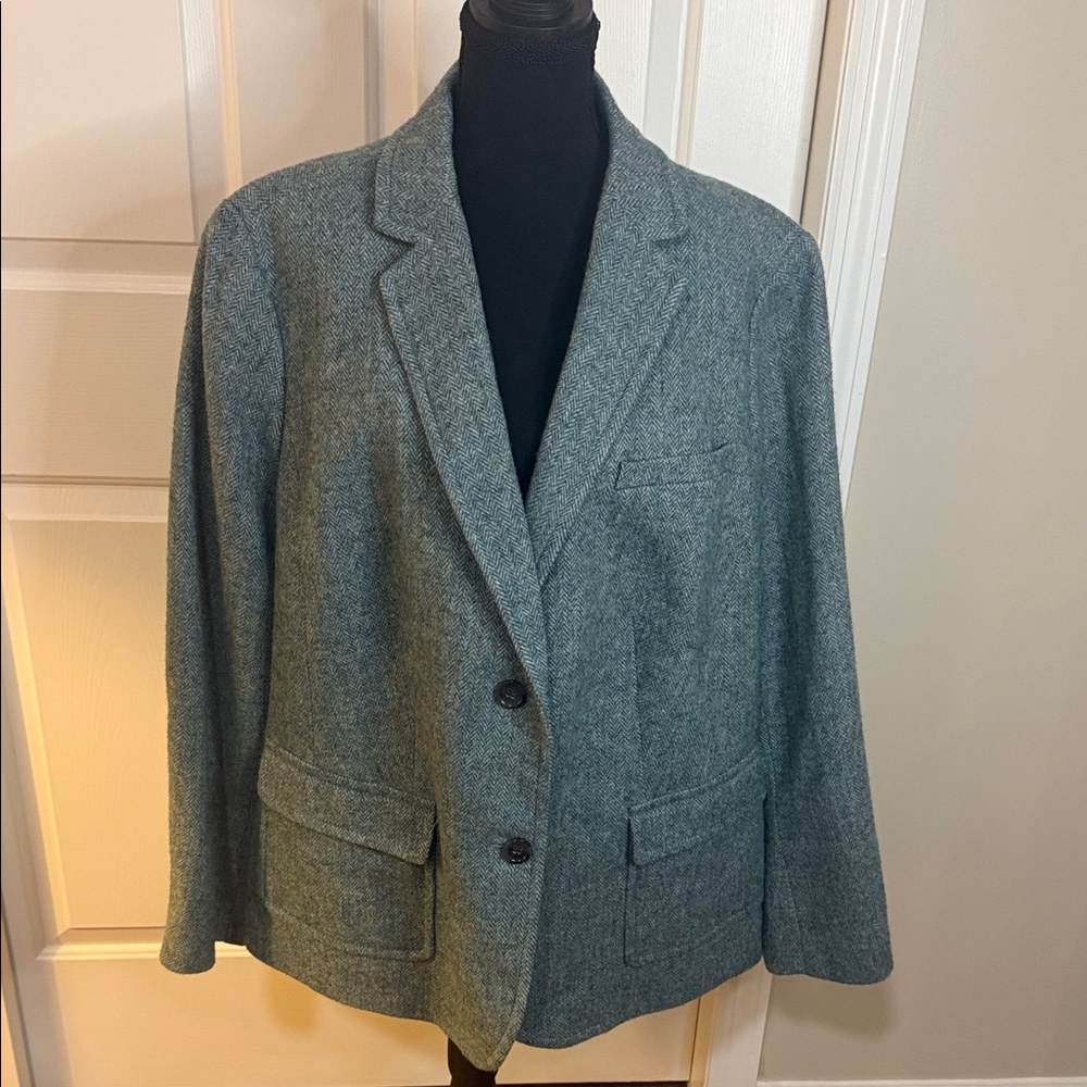 Talbots Women's Wool Blend Herringbone Tweed  Blazer Green 20W Like New Preppy